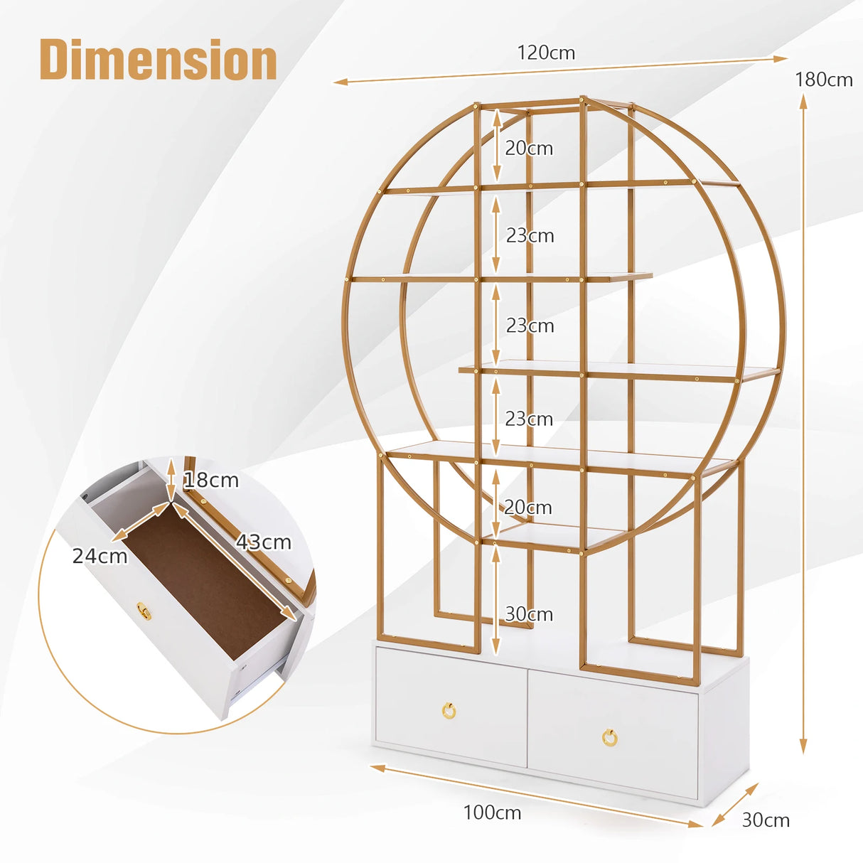 71 Inches 6-Tier Gold Bookshelf with 2 Storage Drawers-Golden