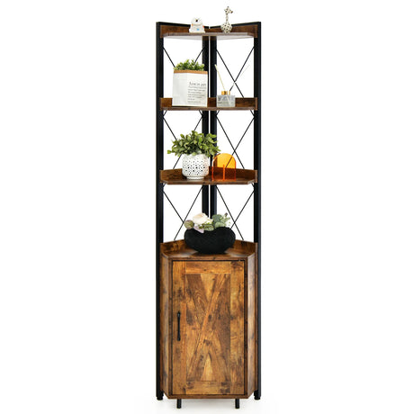 Tall Corner Storage Cabinet with 3-Tier Shelf and Enclosed Cabinet-Rustic Brown