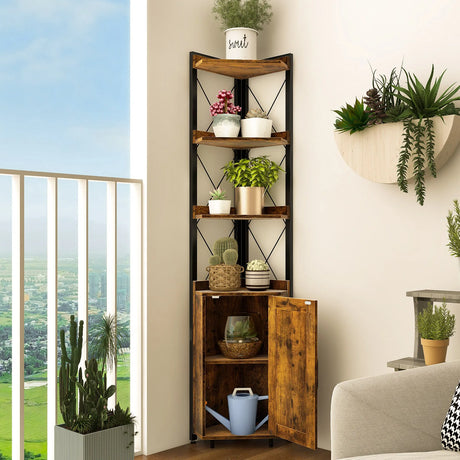 Tall Corner Storage Cabinet with 3-Tier Shelf and Enclosed Cabinet-Rustic Brown