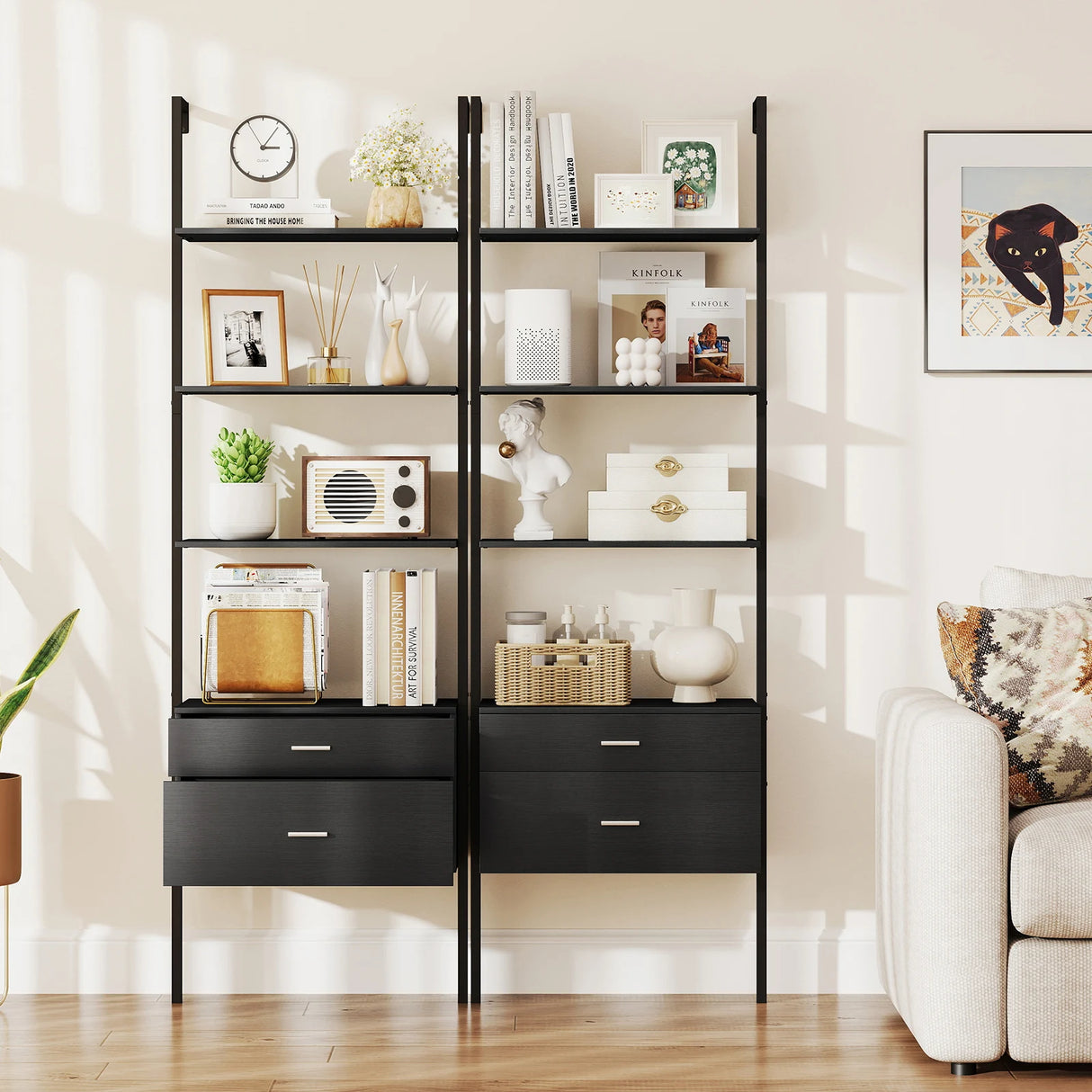 6-Tier Ladder Bookcase with 2 Drawers and Metal Frame-Black