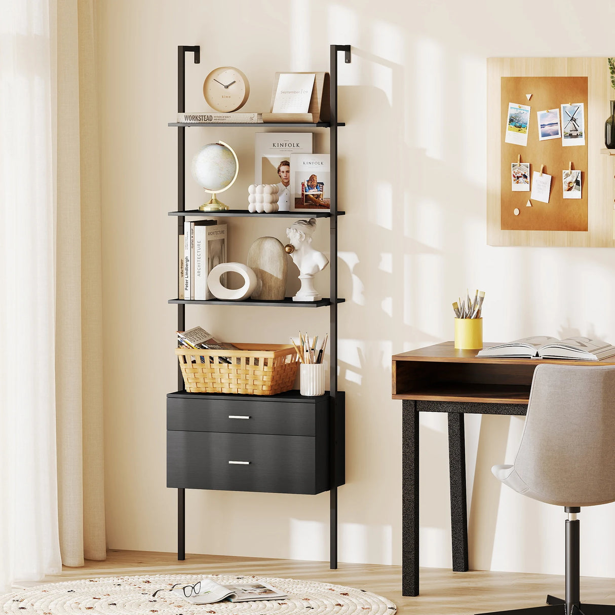 6-Tier Ladder Bookcase with 2 Drawers and Metal Frame-Black