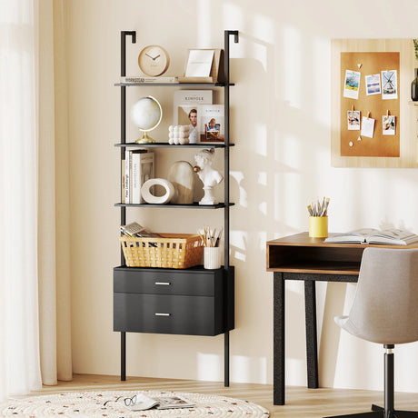 6-Tier Ladder Bookcase with 2 Drawers and Metal Frame-Black