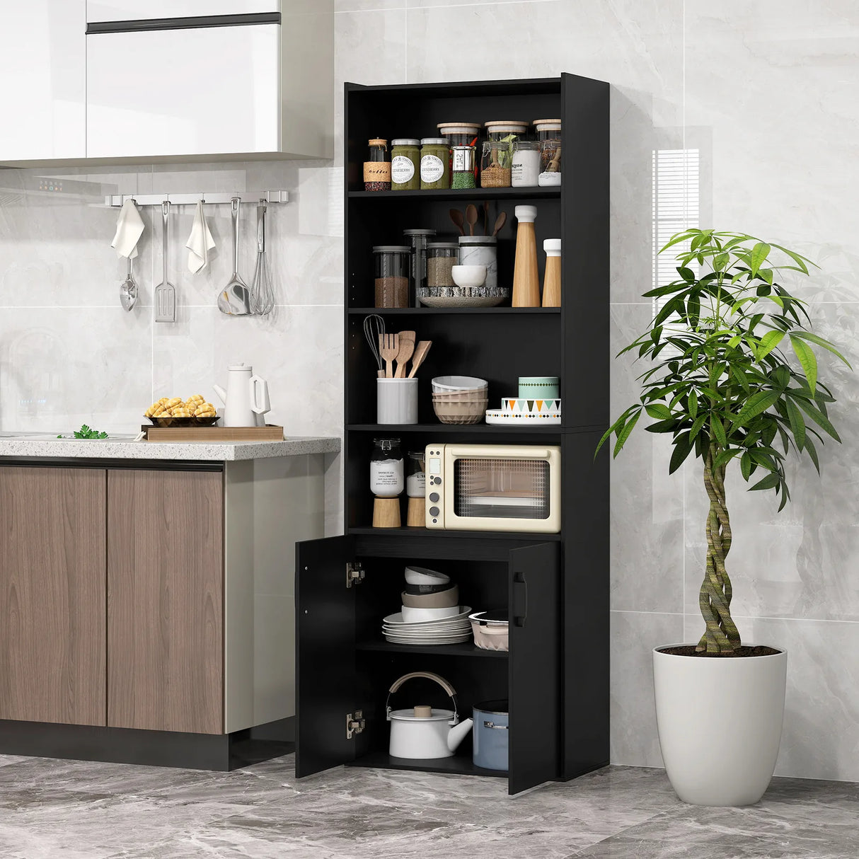 6-tier Modern Style Bookcase with Adjustable Shelves-Black