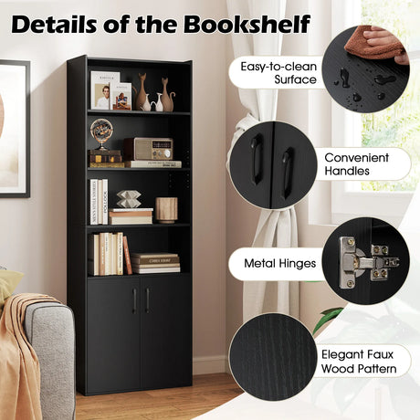 6-tier Modern Style Bookcase with Adjustable Shelves-Black