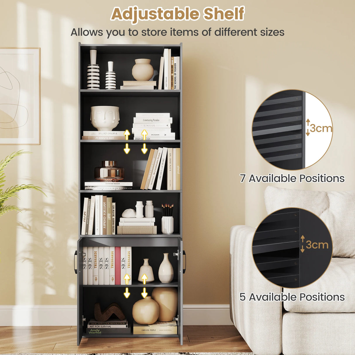 6-tier Modern Style Bookcase with Adjustable Shelves-Grey