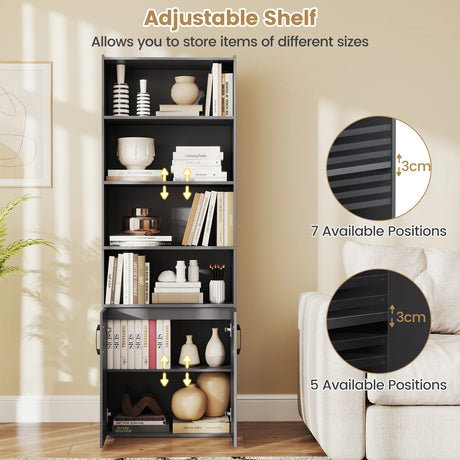 6-tier Modern Style Bookcase with Adjustable Shelves-Grey