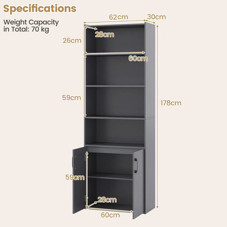 6-tier Modern Style Bookcase with Adjustable Shelves-Grey