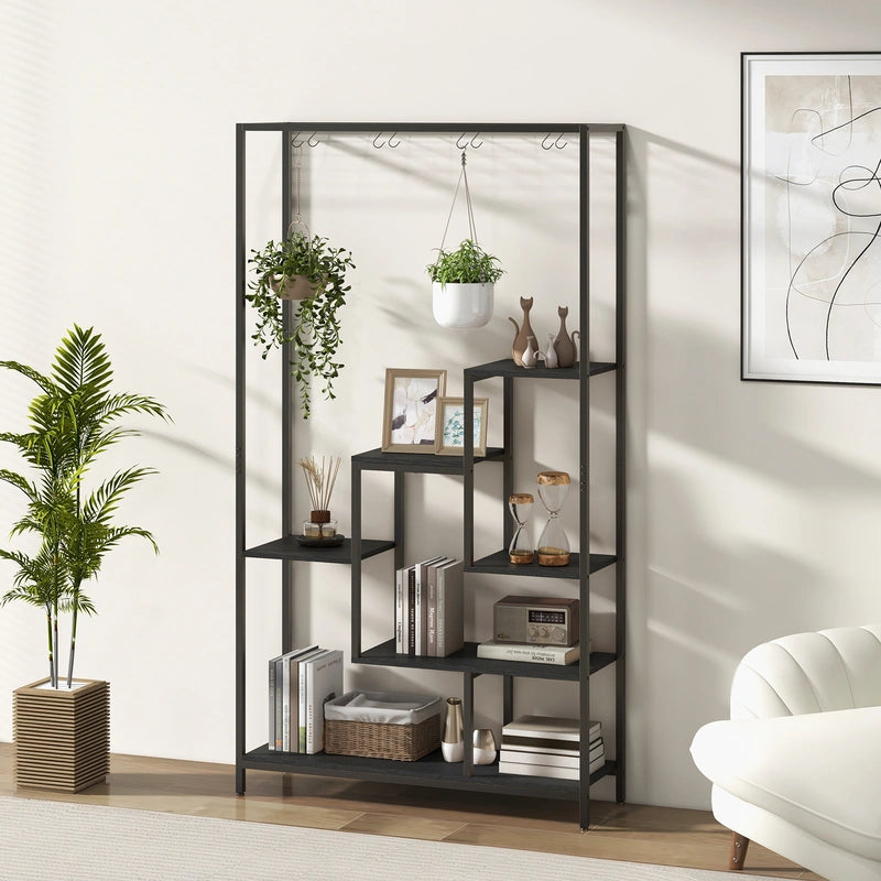 6-Tier Tall Plant Stand 71" Metal Indoor Plant Shelf with 10 Hanging Hooks-Black