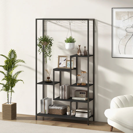 6-Tier Tall Plant Stand 71" Metal Indoor Plant Shelf with 10 Hanging Hooks-Black