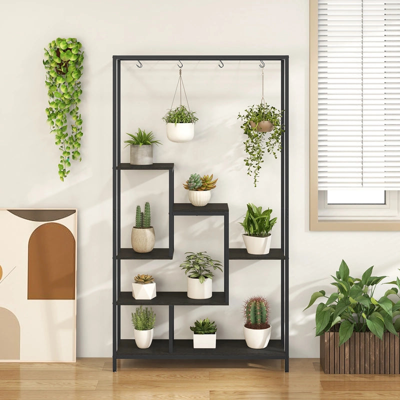 6-Tier Tall Plant Stand 71" Metal Indoor Plant Shelf with 10 Hanging Hooks-Black