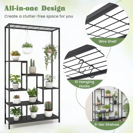 6-Tier Tall Plant Stand 71" Metal Indoor Plant Shelf with 10 Hanging Hooks-Black