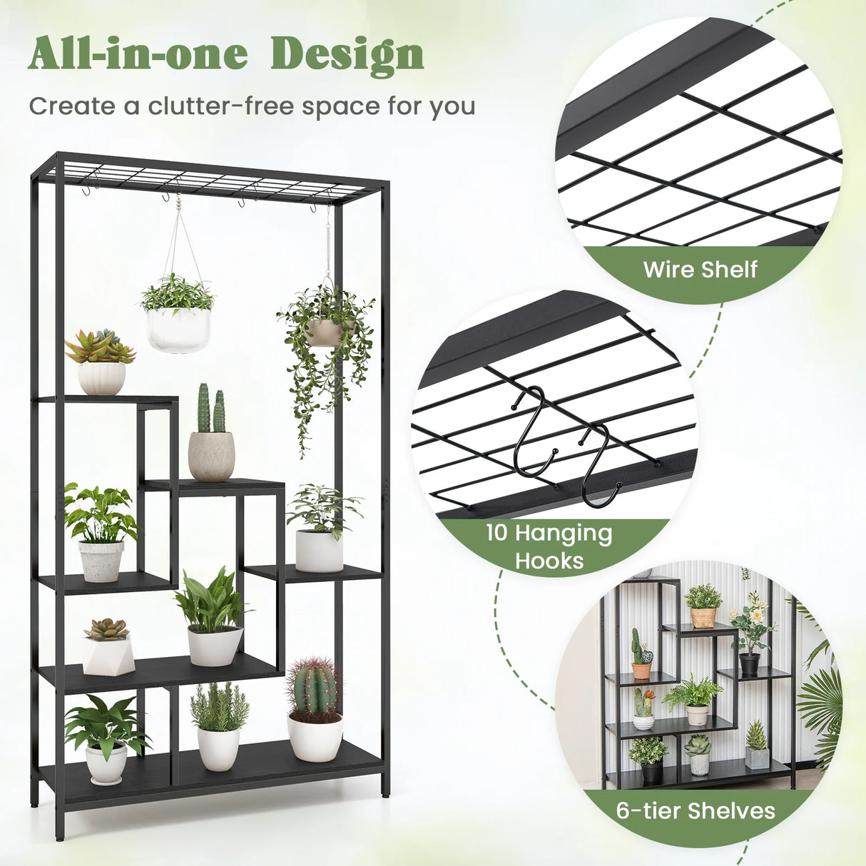 6-Tier Tall Plant Stand 71" Metal Indoor Plant Shelf with 10 Hanging Hooks-Black