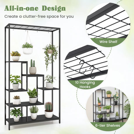 6-Tier Tall Plant Stand 71" Metal Indoor Plant Shelf with 10 Hanging Hooks-Black