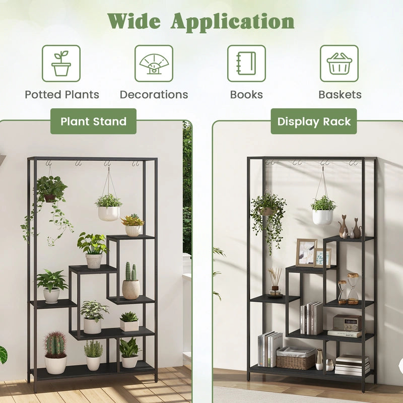 6-Tier Tall Plant Stand 71" Metal Indoor Plant Shelf with 10 Hanging Hooks-Black