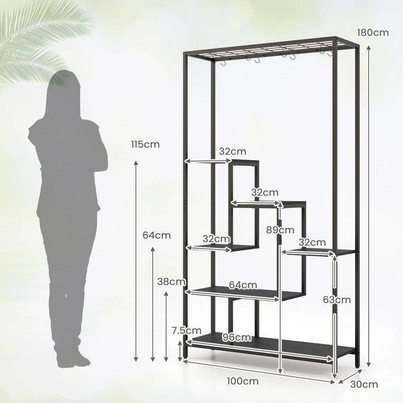 6-Tier Tall Plant Stand 71" Metal Indoor Plant Shelf with 10 Hanging Hooks-Black