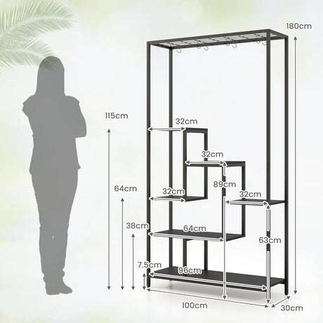 6-Tier Tall Plant Stand 71" Metal Indoor Plant Shelf with 10 Hanging Hooks-Black