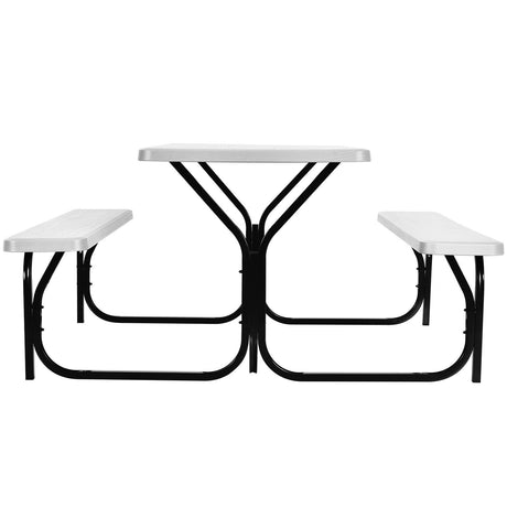 Picnic Table and Bench Set with Metal Frame and All Weather-resistant Surface for Backyard-White