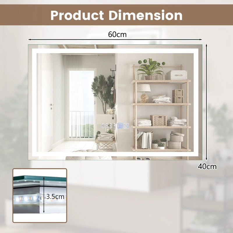 60 x 40 CM LED Bathroom Mirror with 3-Color Dimmable Lights