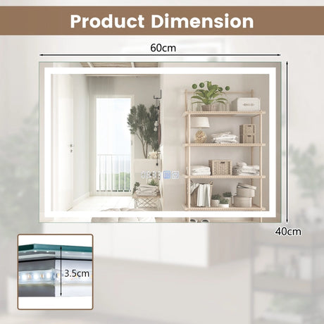 60 x 40 CM LED Bathroom Mirror with 3-Color Dimmable Lights