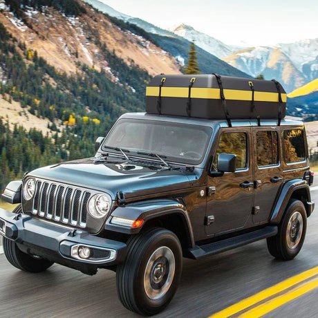 Roof box for various vehicle types with non-slip mat, luggage lock, reinforced straps, door hook &amp; bag with drawstring