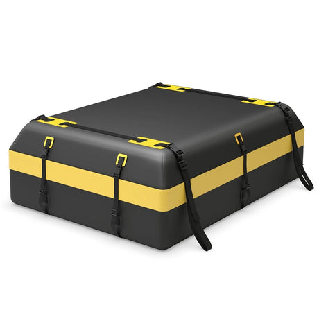 Roof box for various vehicle types with non-slip mat, luggage lock, reinforced straps, door hook &amp; bag with drawstring