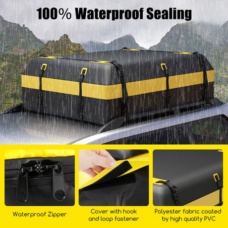 Roof box for various vehicle types with non-slip mat, luggage lock, reinforced straps, door hook &amp; bag with drawstring