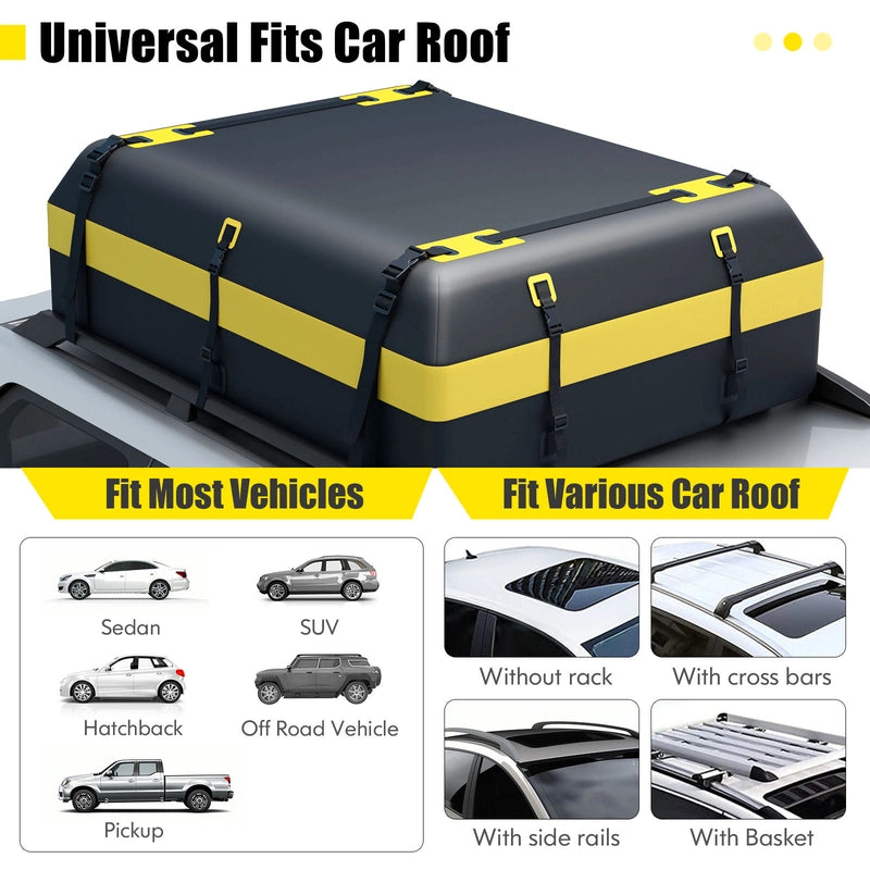 Roof box for various vehicle types with non-slip mat, luggage lock, reinforced straps, door hook &amp; bag with drawstring