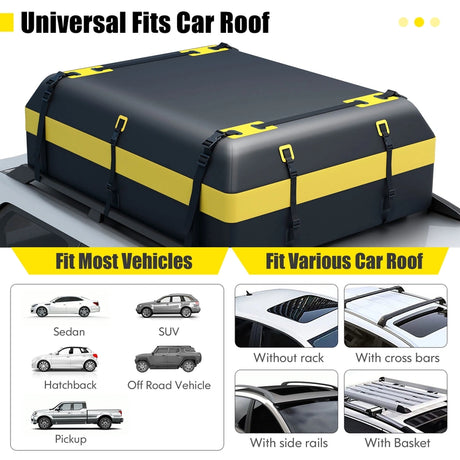 Roof box for various vehicle types with non-slip mat, luggage lock, reinforced straps, door hook &amp; bag with drawstring