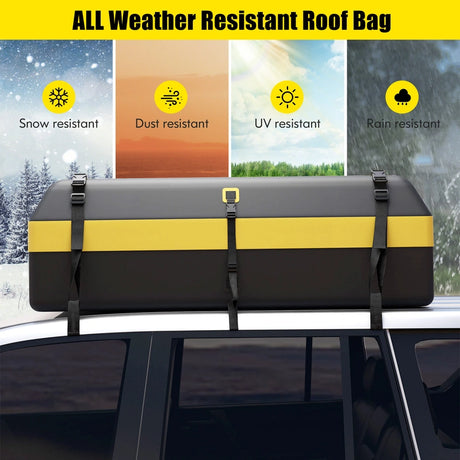 Roof box for various vehicle types with non-slip mat, luggage lock, reinforced straps, door hook &amp; bag with drawstring