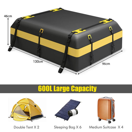 Roof box for various vehicle types with non-slip mat, luggage lock, reinforced straps, door hook &amp; bag with drawstring
