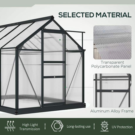 Outsunny 6 x 8ft Polycarbonate Greenhouse, Large Walk-In Green House with Slide Door and Window, Garden Plants Grow House with Aluminium Frame and Foundation, Grey