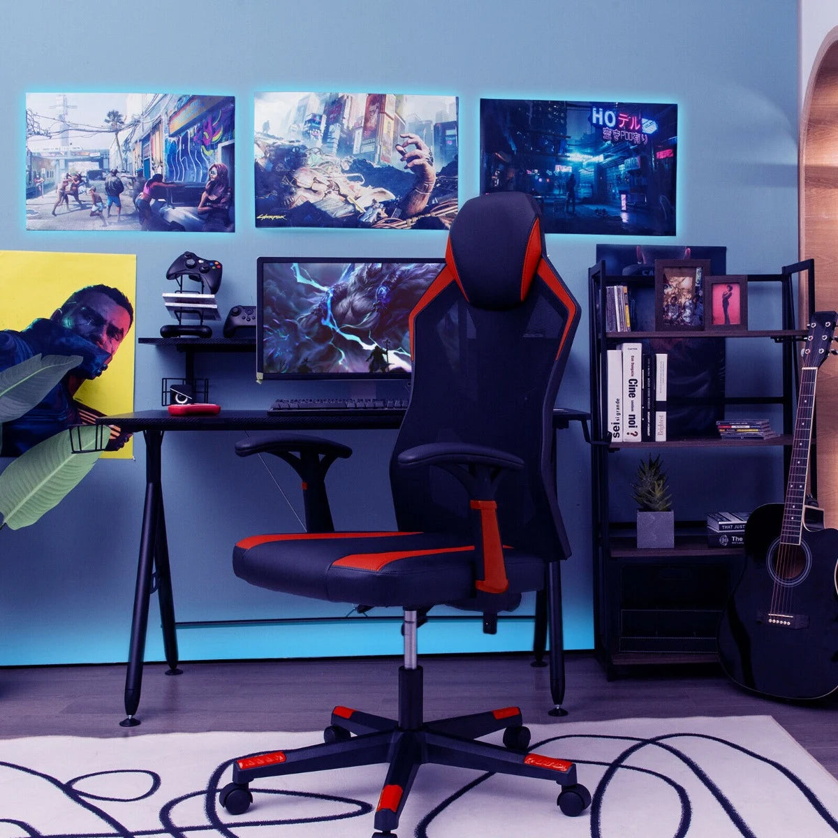 Gaming Chair with Adjustable Mesh Back-Red