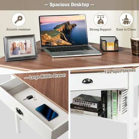 Corner Computer Desk with Drawer &amp; Shelves for Office Natural