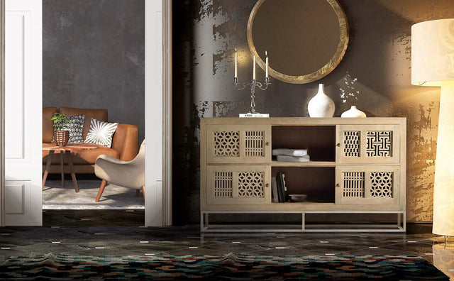 Giner and Colomer - Mango Wood Sideboard With 4 Sliding Doors & Metal Base