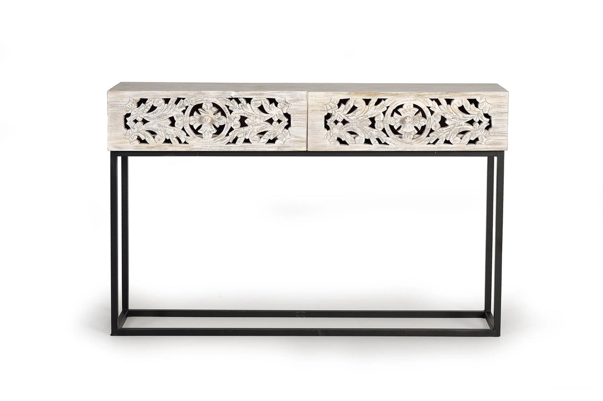 Giner and Colomer - Console With 2 Hand-Carved Drawers (Mango Wood & Metal Base)