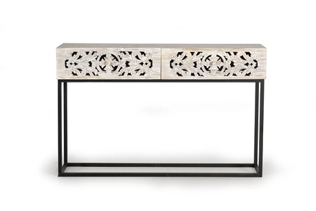 Giner and Colomer - Console With 2 Hand-Carved Drawers (Mango Wood & Metal Base)