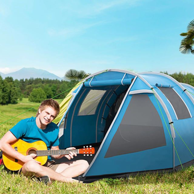 Outsunny 3-4 Man Tunnel Tent, Two Room Camping Tent with Windows, Portable Carry Bag, for Fishing, Hiking, Sports, Festival - Blue
