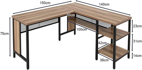 L-shaped Office Desk with Open Shelf &amp; 2-Tier Side Shelves-Natural