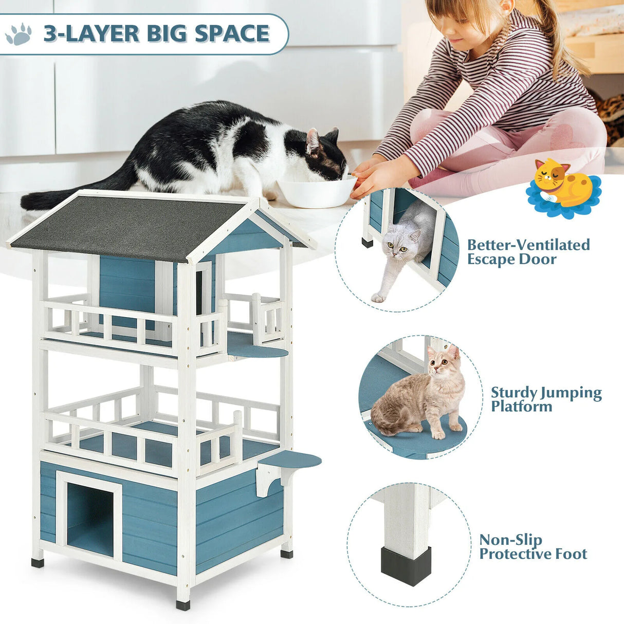 2-Story Outdoor Wooden Catio Cat House Shelter with Enclosure