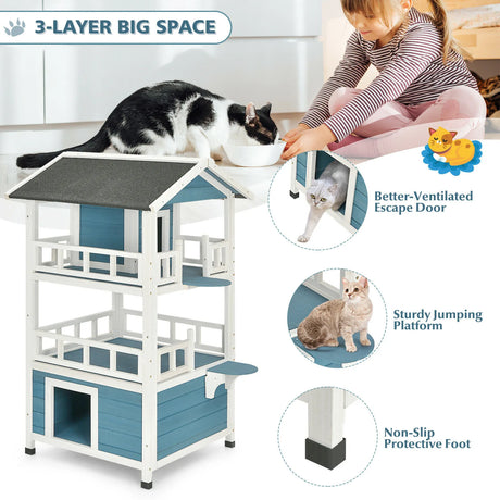 2-Story Outdoor Wooden Catio Cat House Shelter with Enclosure