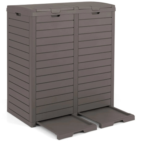 62 Gallon Outdoor Trash Can Waterproof Double Bin with Tiered Lid and Drip Tray-Coffee