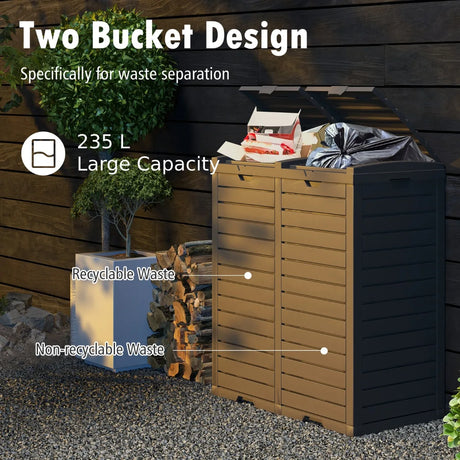 62 Gallon Outdoor Trash Can Waterproof Double Bin with Tiered Lid and Drip Tray-Coffee