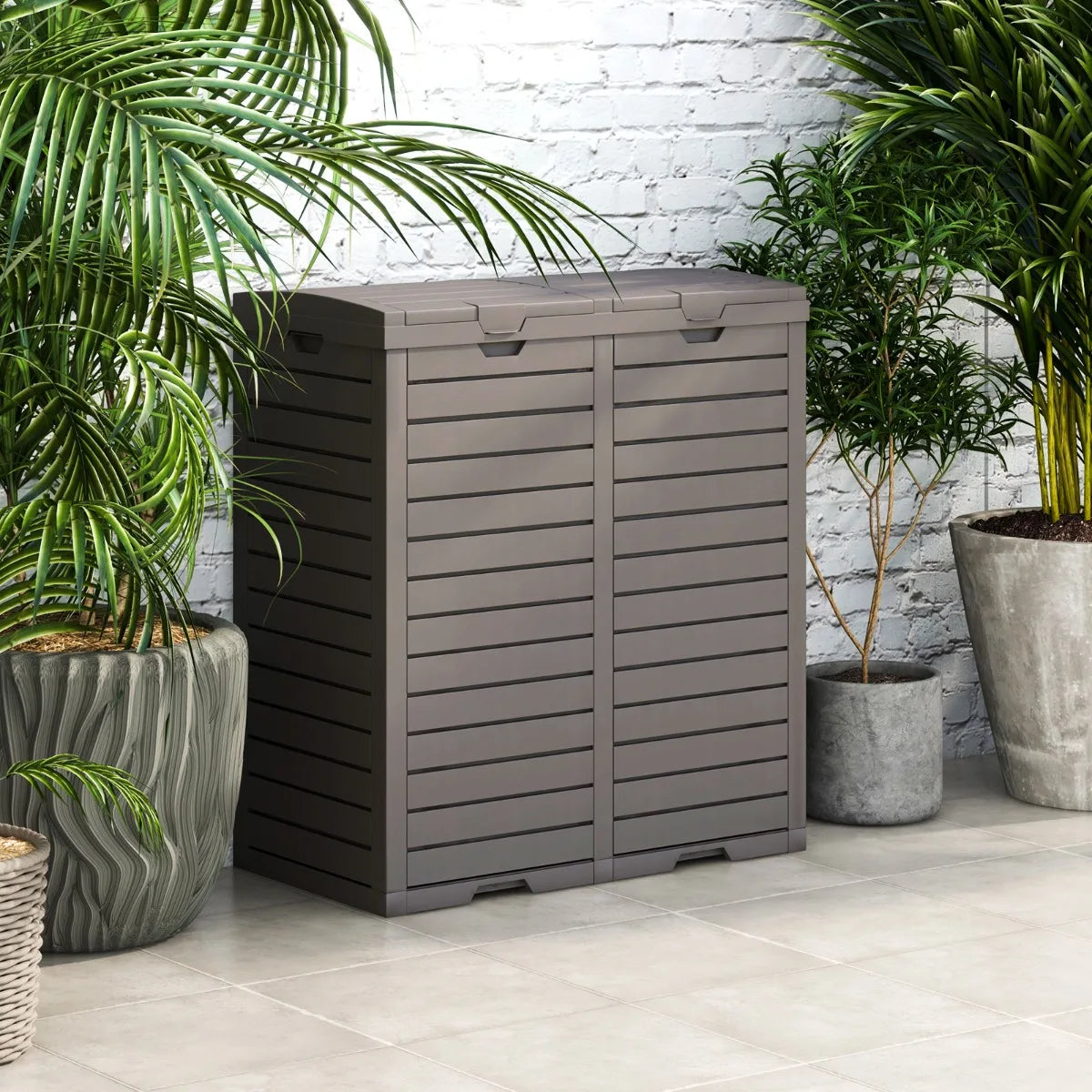 62 Gallon Outdoor Trash Can Waterproof Double Bin with Tiered Lid and Drip Tray-Coffee