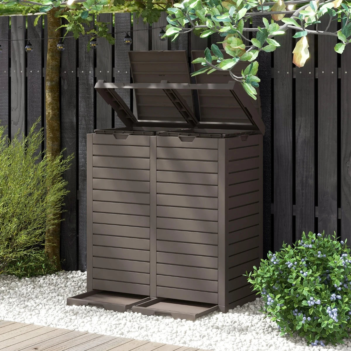 62 Gallon Outdoor Trash Can Waterproof Double Bin with Tiered Lid and Drip Tray-Coffee