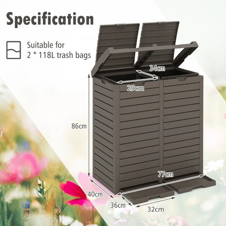 62 Gallon Outdoor Trash Can Waterproof Double Bin with Tiered Lid and Drip Tray-Coffee
