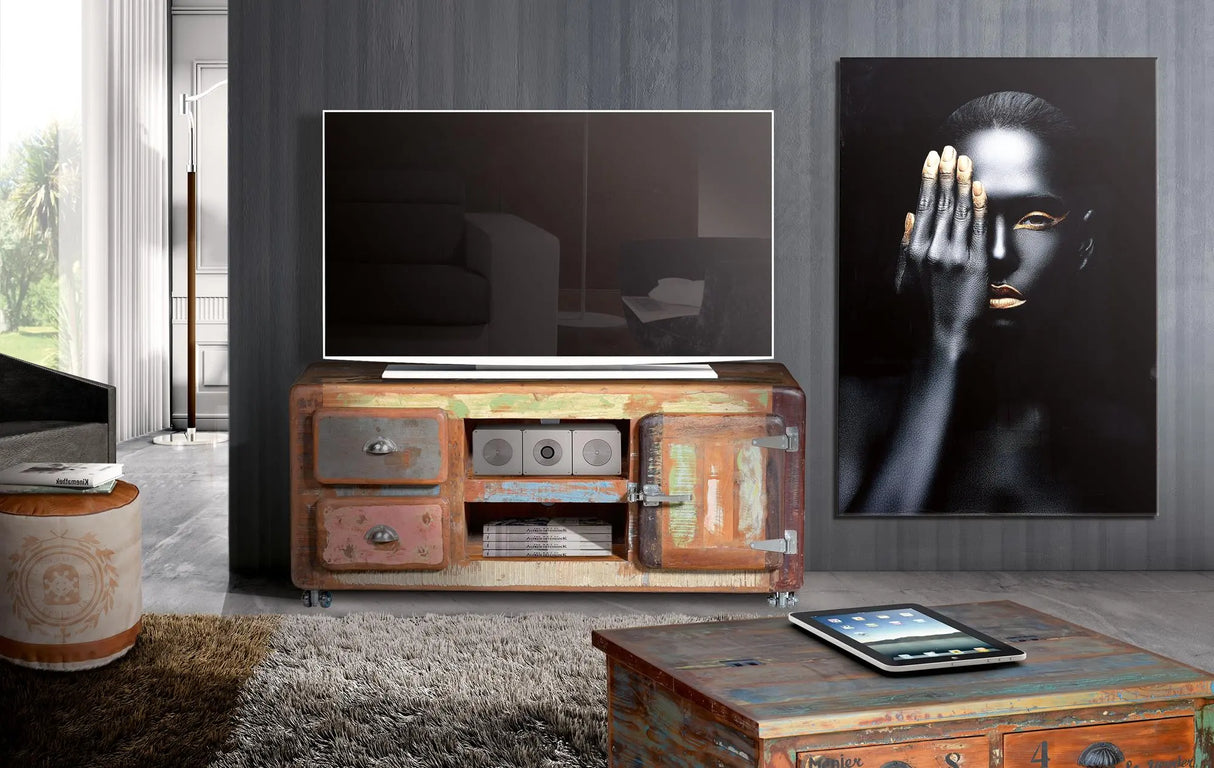 Giner and Colomer - Recycled Wood TV Unit With Old Refrigerator-Style Handles & Wheels