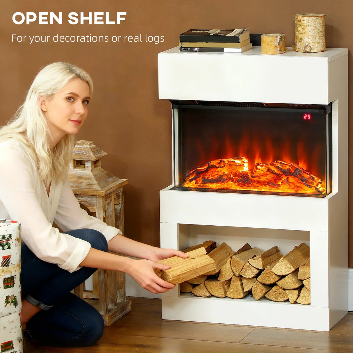 HOMCOM Electric Fireplace with 3D Flame Effect, 6 Colours & 3 Brightness Levels, 1000W/2000W White Electric Fire and Mantel Reach up to 30m2 Space with Remote & Timer, 3 Sided View for Living Room