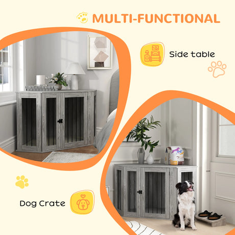 PawHut Dog Crate Furniture Side Table, with Cushion, 122 x 61 x 71cm - Grey