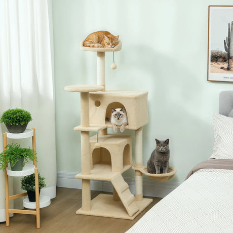 PawHut 140cm Large Cat Tree Tower with Sisal Scratching Posts, Condos, Plush Perches, Hammock, Ladder, Beige