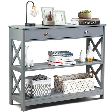 Console Table 3-Tier with Drawer and Storage Shelves-Gray